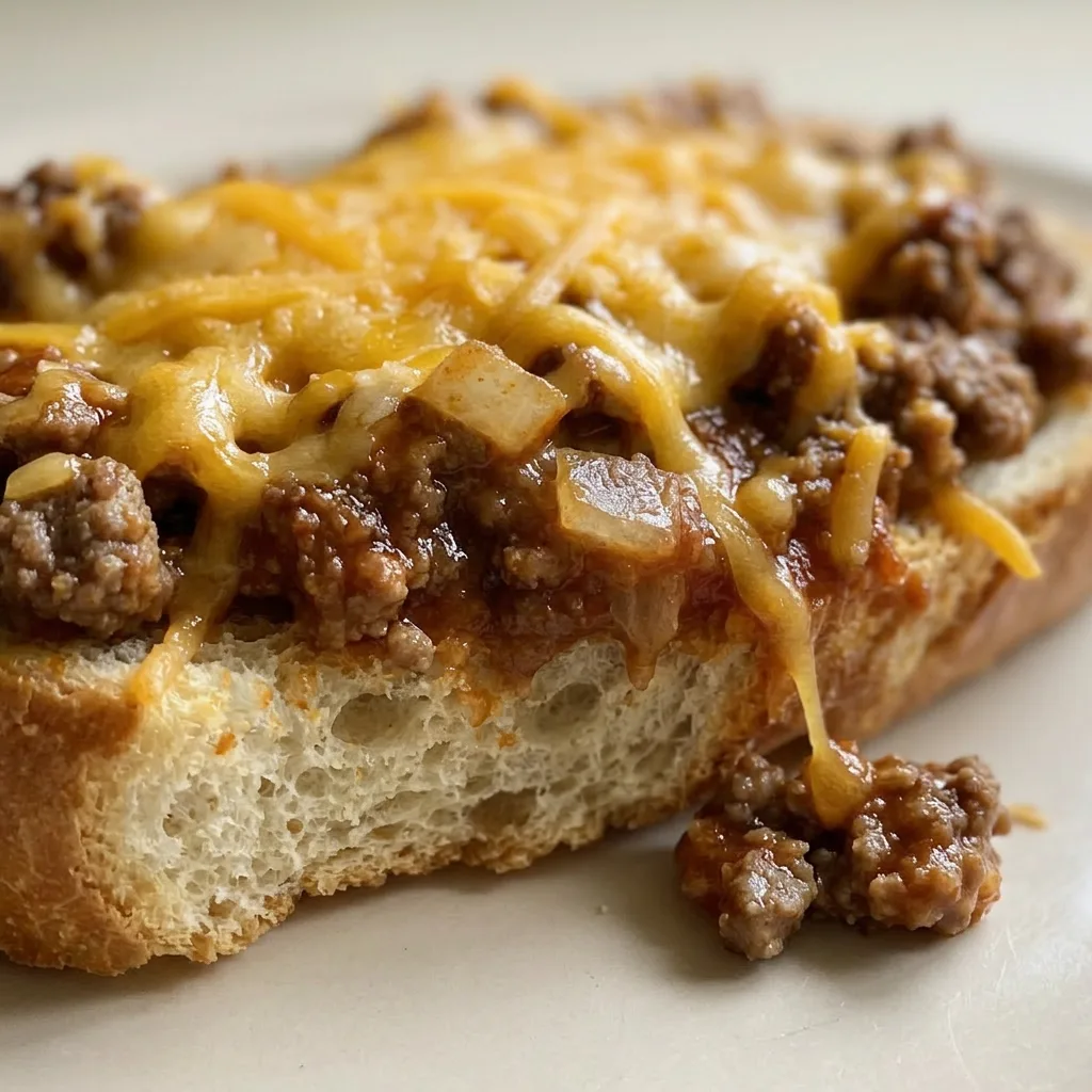 Up close, a French bread slice with seasoned ground beef, tangy sloppy joe sauce, melted cheddar, and fresh yellow onion.