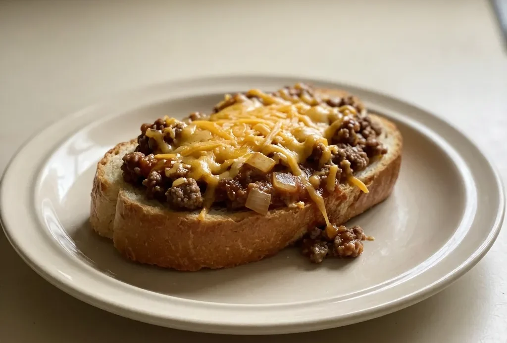 Looking down at French bread slices topped with ground beef in sloppy joe sauce, melted cheddar cheese, and diced yellow onion.