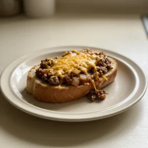 Looking down at French bread slices topped with ground beef in sloppy joe sauce, melted cheddar cheese, and diced yellow onion.