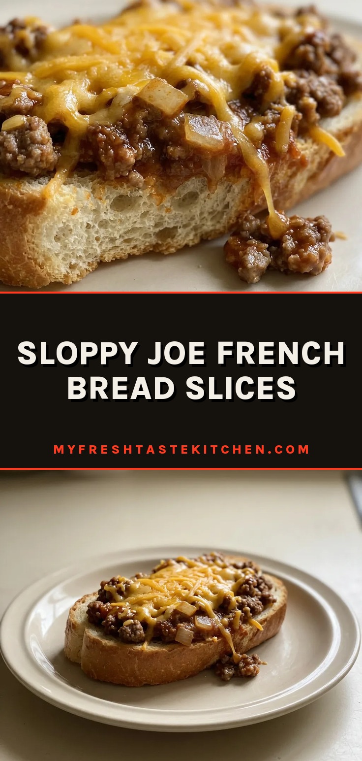 Looking down at French bread slices topped with ground beef in sloppy joe sauce, melted cheddar cheese, and diced yellow onion.