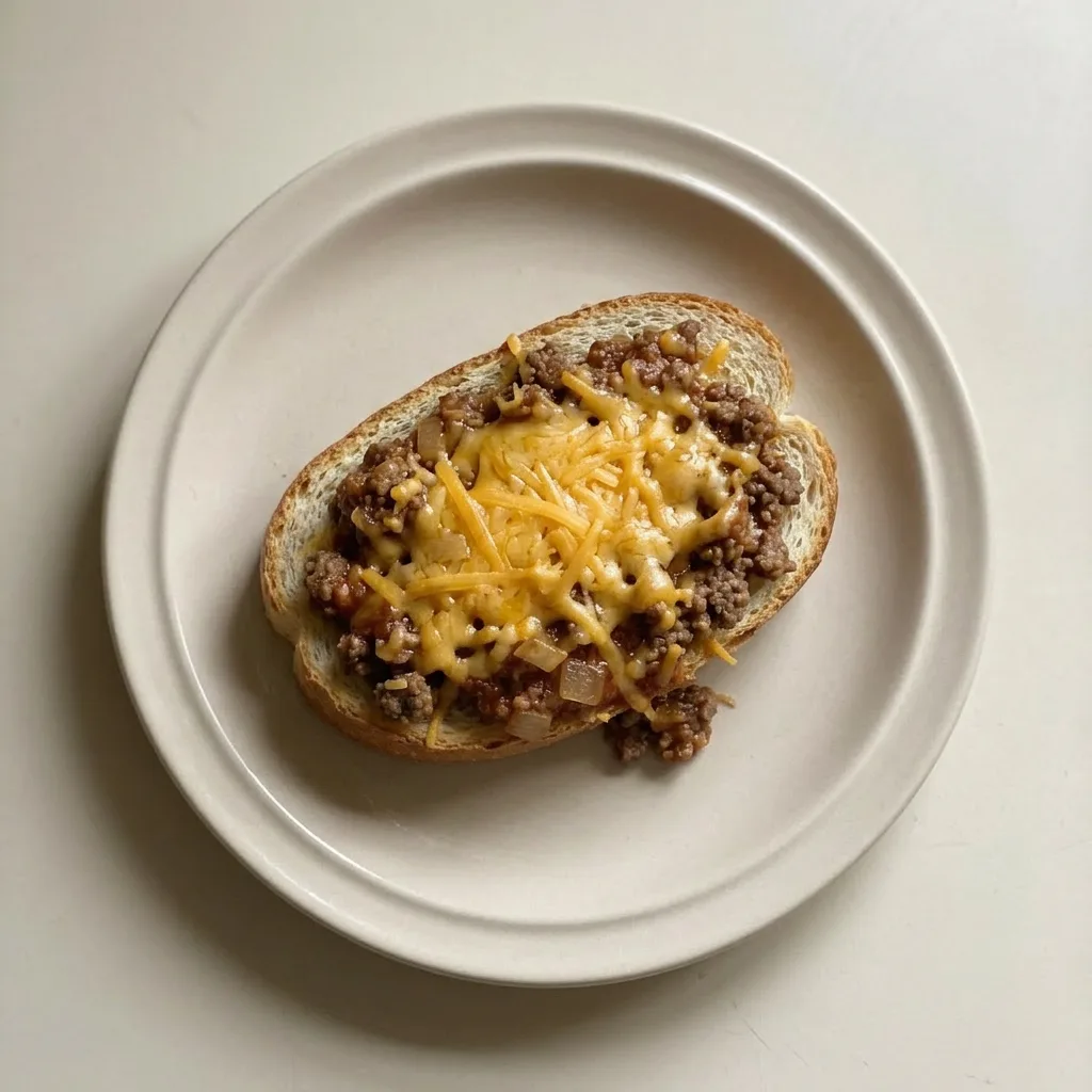 A plate of French bread slices covered with sloppy joe meat, cheddar cheese, and yellow onion.