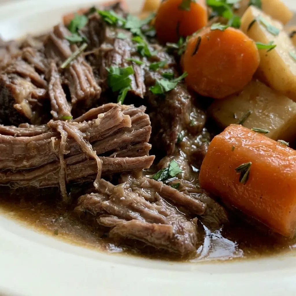 Close view of a tender beef chuck roast with carrots and parsnip in rich beef broth.