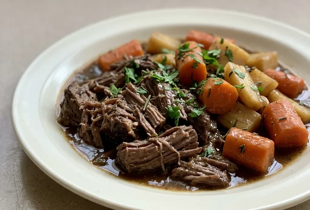 Overhead shot of a slow cooker pot roast with beef chuck roast, carrots, and parsnip in beef broth.