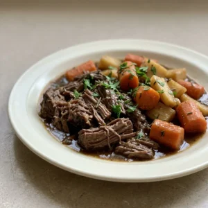Overhead shot of a slow cooker pot roast with beef chuck roast, carrots, and parsnip in beef broth.