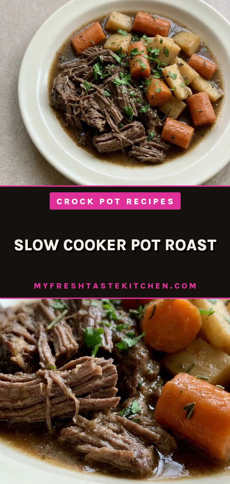 Overhead shot of a slow cooker pot roast with beef chuck roast, carrots, and parsnip in beef broth.