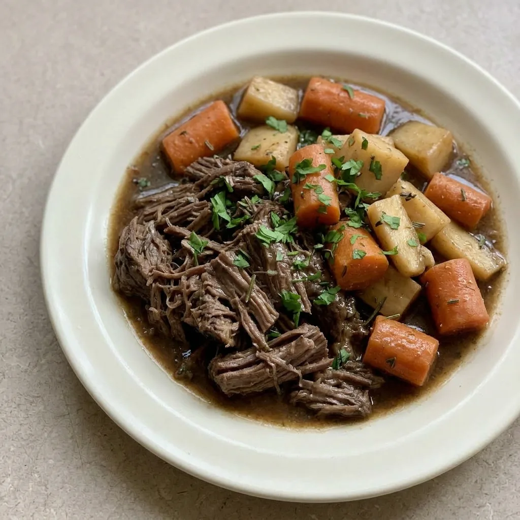 Plated beef chuck roast with carrots and parsnip, topped with beef broth.