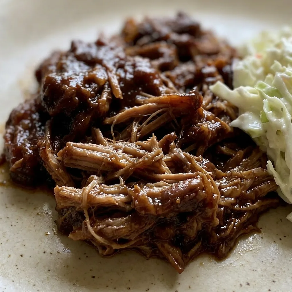Zoomed in on shredded pork with barbecue sauce, visible spice flecks, and a glossy sheen.