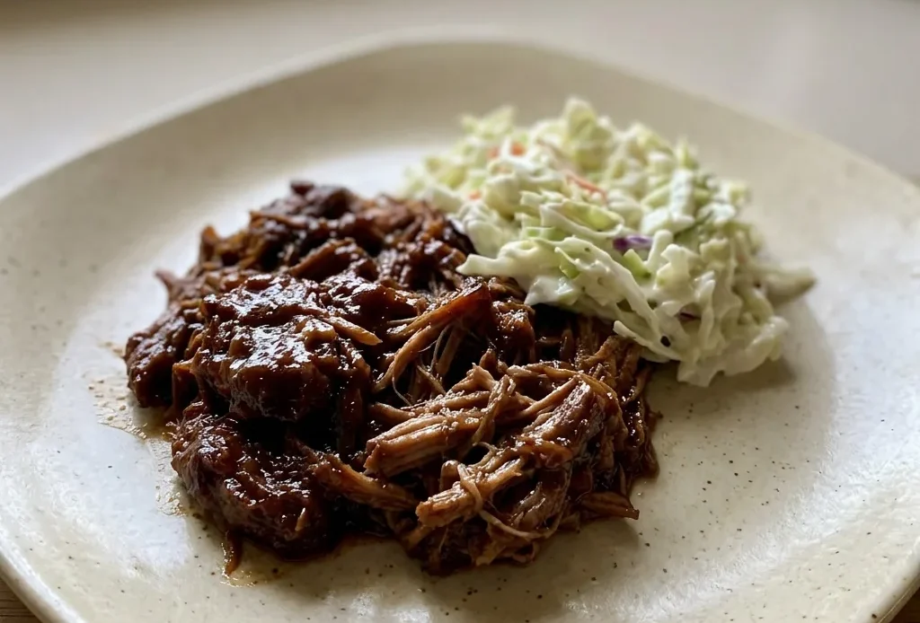 Bird's-eye view of pulled pork on a bun, topped with coleslaw and pickles.