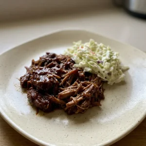 Bird's-eye view of pulled pork on a bun, topped with coleslaw and pickles.
