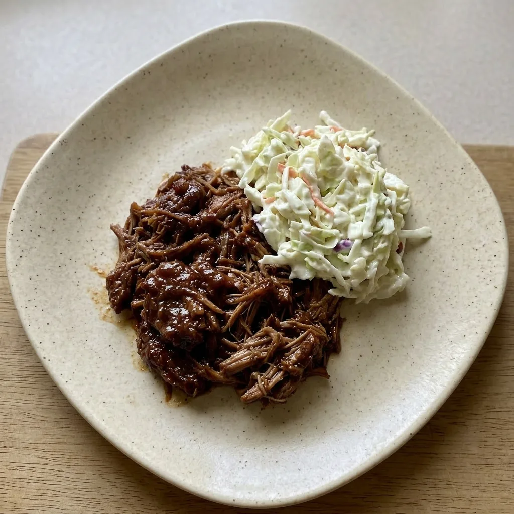 Ready to serve: pulled pork sandwich with coleslaw and pickles on the side.