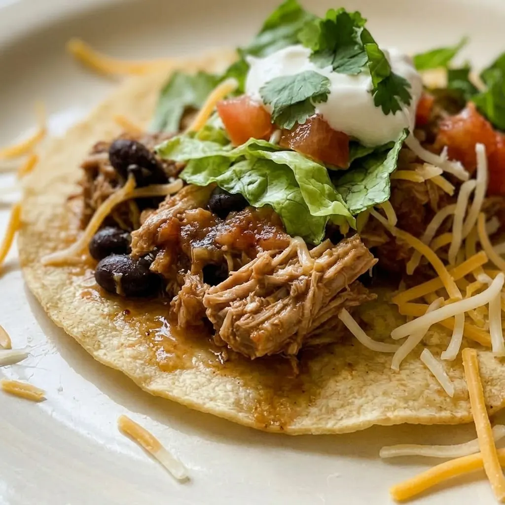 Up close, a corn tortilla holds shredded rabbit, black beans, and salsa, with visible chili powder and cumin flecks.