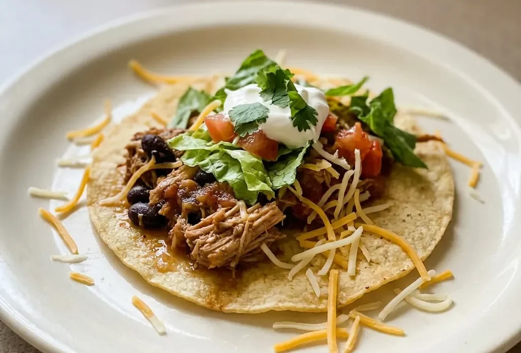 Looking down at three corn tortillas topped with shredded rabbit, black beans, salsa, and sprinkled with chili powder and cumin.
