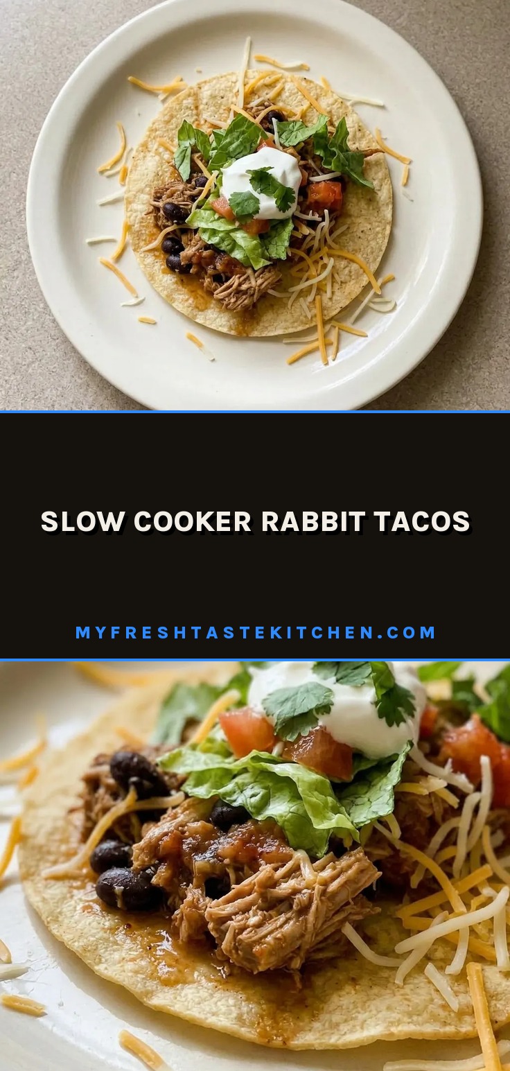 Looking down at three corn tortillas topped with shredded rabbit, black beans, salsa, and sprinkled with chili powder and cumin.
