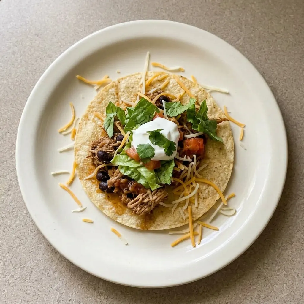 A plate of three corn tortillas filled with rabbit, black beans, salsa, chili powder, and cumin.