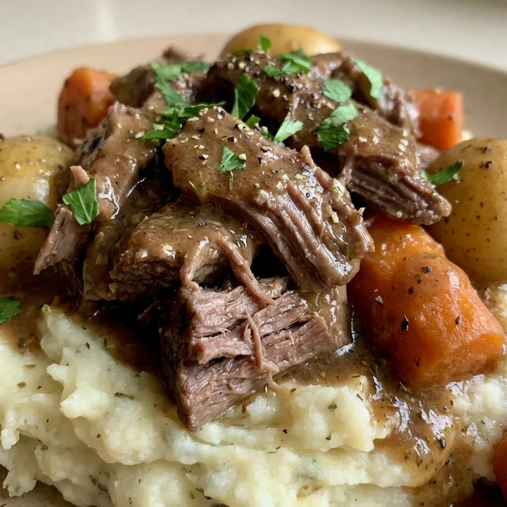 Close view of tender sirloin tip roast slices with baby potatoes and carrots, coated in balsamic beef broth.
