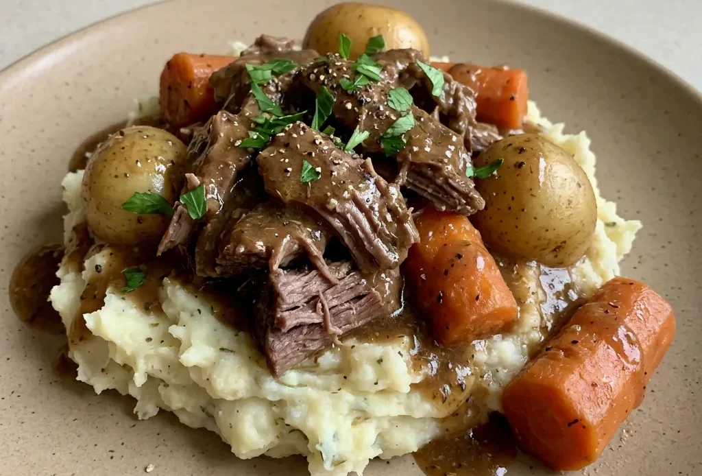 Overhead shot of sliced sirloin tip roast with baby potatoes and carrots, drizzled with balsamic glaze.