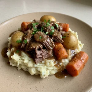 Overhead shot of sliced sirloin tip roast with baby potatoes and carrots, drizzled with balsamic glaze.