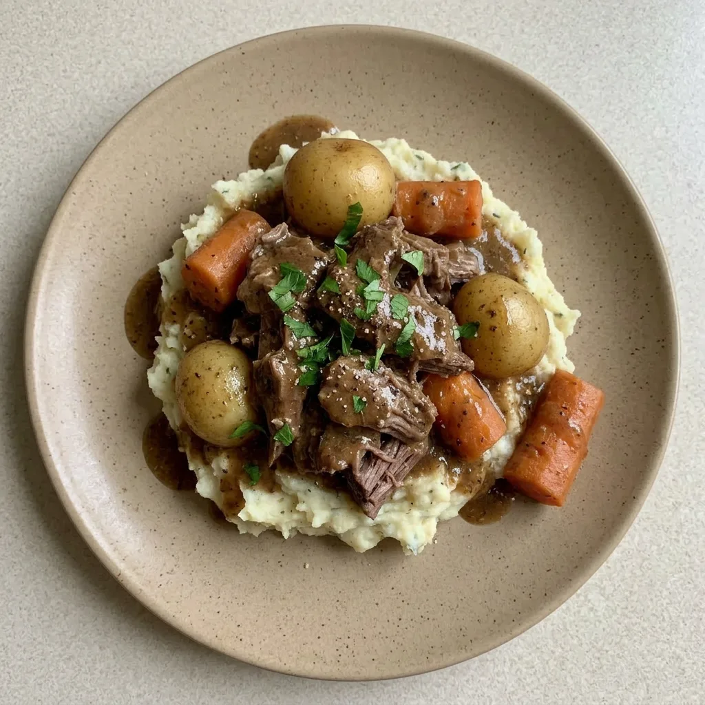 Plated sirloin tip roast with baby potatoes and carrots, garnished with fresh herbs and balsamic reduction.