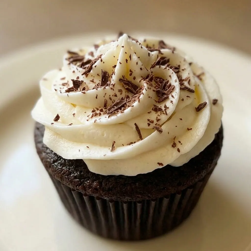 Zoomed in on a chocolate cupcake with glossy buttercream, visible coffee specks in crumb, and a chocolate curl.