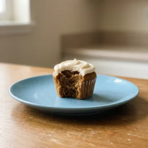 Bird's-eye view of three small cupcakes with white frosting and colorful sprinkles on a light surface.