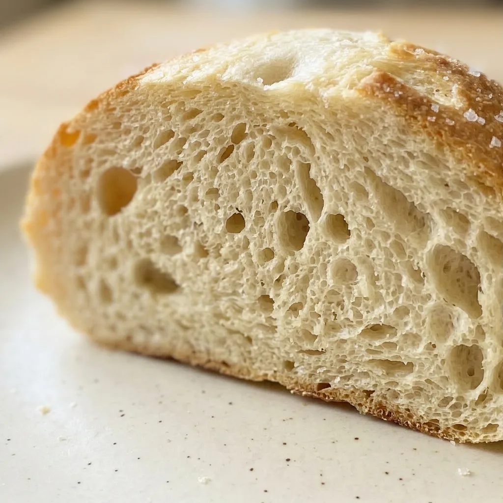 Close view of a bread slice with a soft, airy crumb, a light drizzle of olive oil visible on the surface, and a sprinkle of kosher salt.