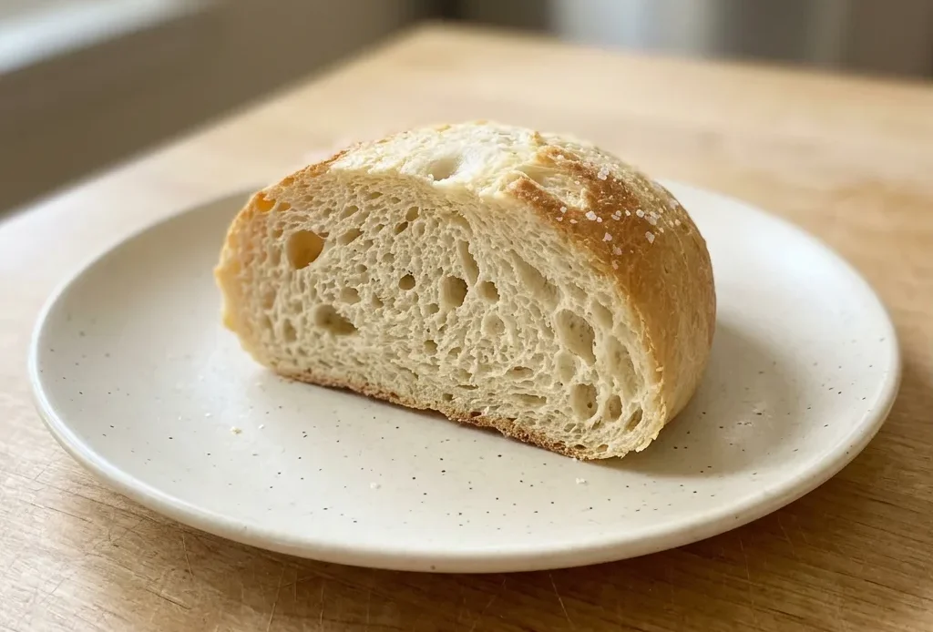 Overhead shot of a sliced loaf of bread on a cutting board, the golden crust showing a honeyed sheen and scattered with kosher salt flakes.