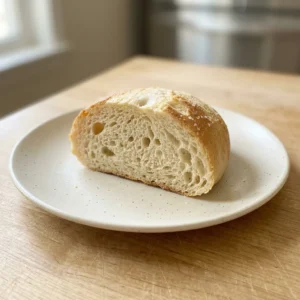Overhead shot of a sliced loaf of bread on a cutting board, the golden crust showing a honeyed sheen and scattered with kosher salt flakes.