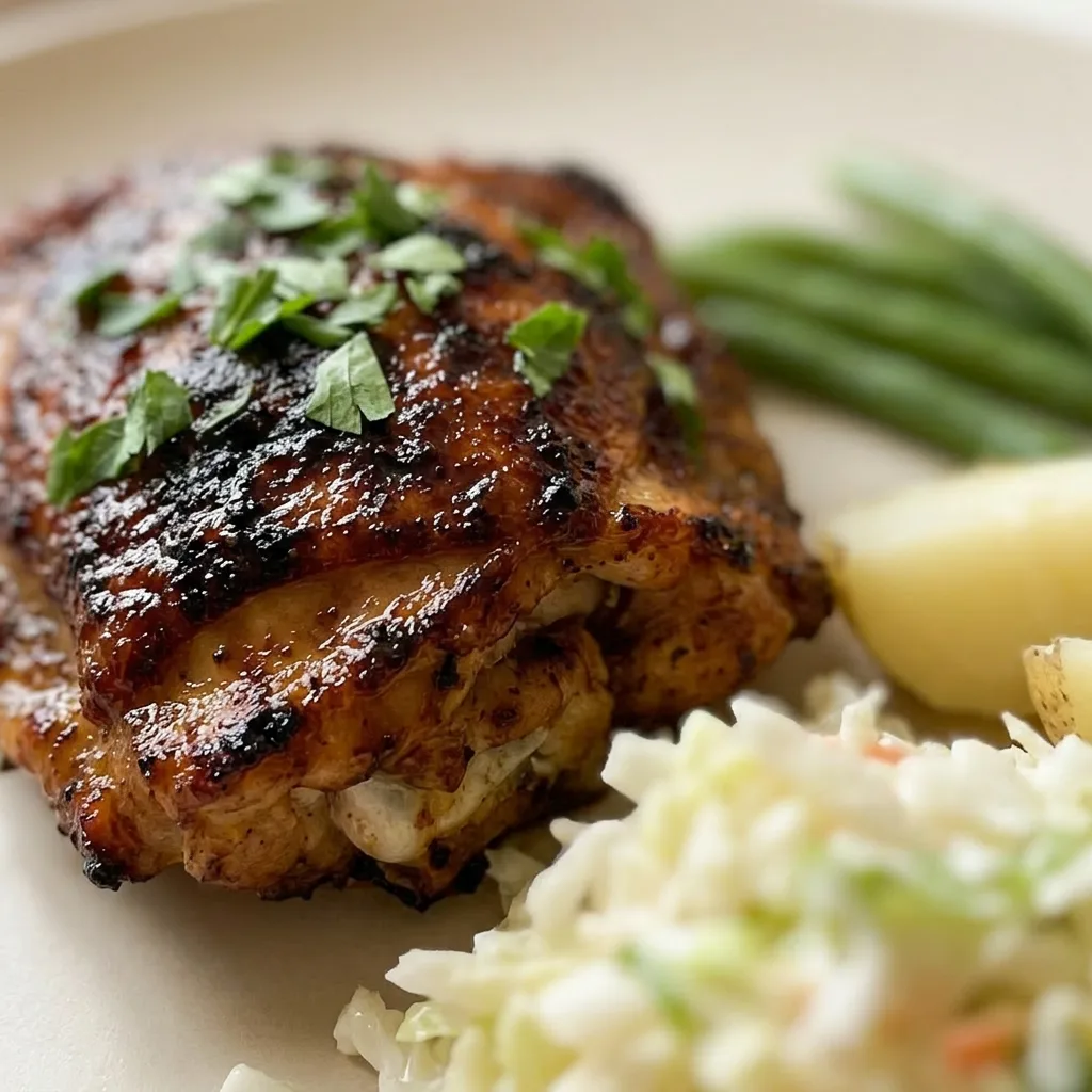 Zoomed in on a smoked chicken thigh with crispy, charred skin, garnished with dried oregano and a glossy soy-lemon glaze.