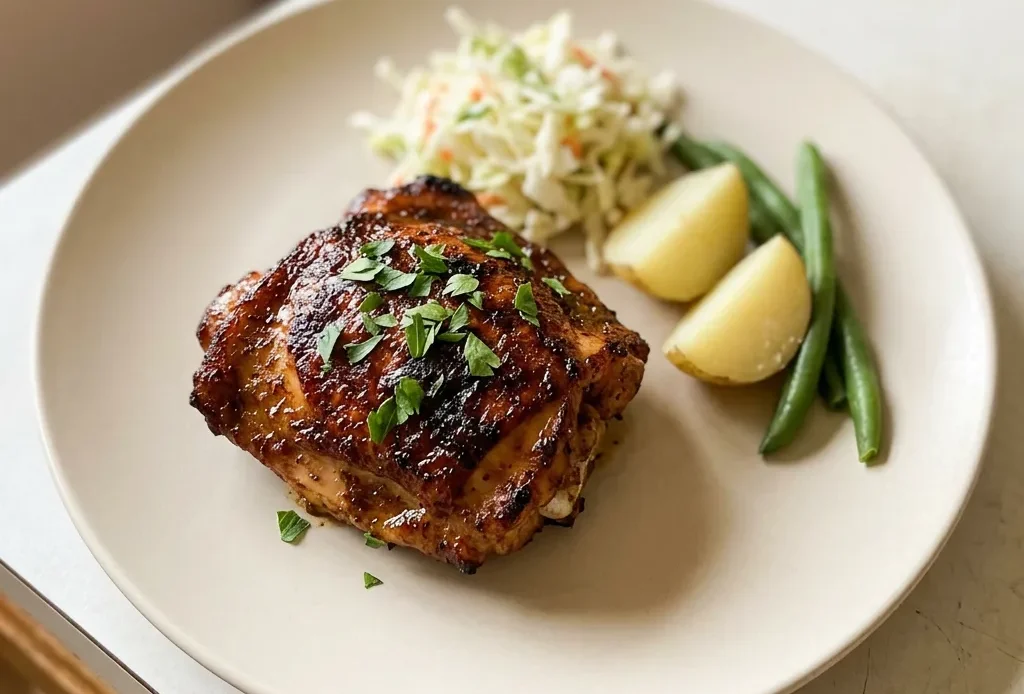 Bird's-eye view of smoked chicken thighs glazed with a dark, caramelized sauce, sprinkled with paprika and black pepper.