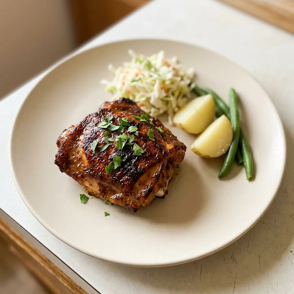 Bird's-eye view of smoked chicken thighs glazed with a dark, caramelized sauce, sprinkled with paprika and black pepper.