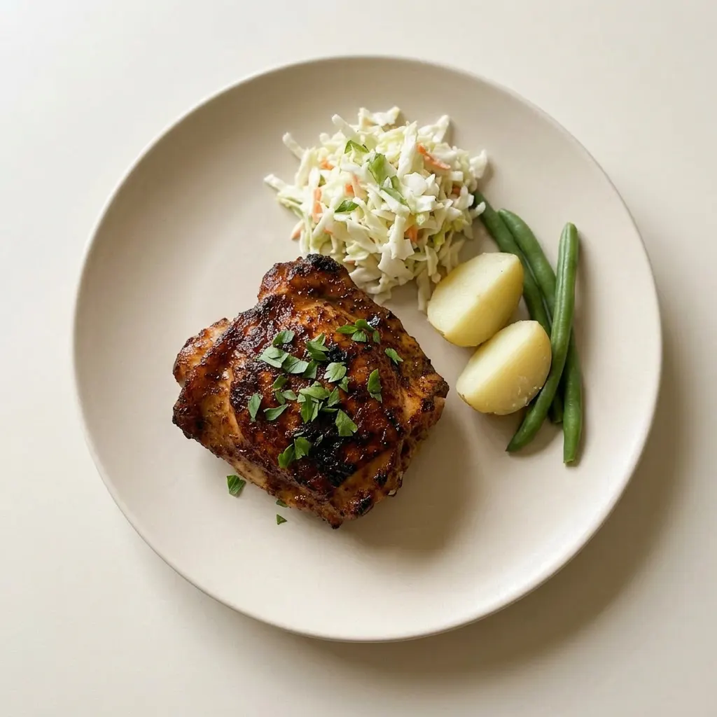 Ready to serve: a platter of smoked chicken thighs seasoned with garlic powder, onion powder, chili powder, and cayenne, drizzled with olive oil.