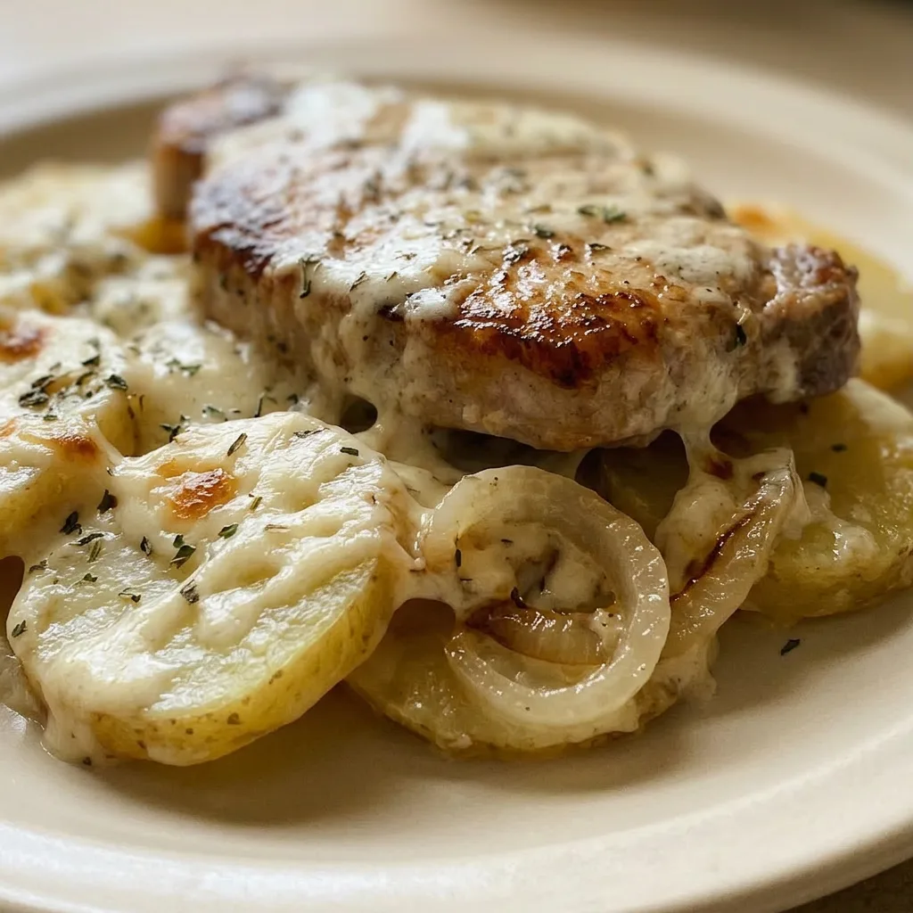 Macro detail of a pork chop with crispy browned crust, topped with melted cheese and cream sauce, next to potato slices.