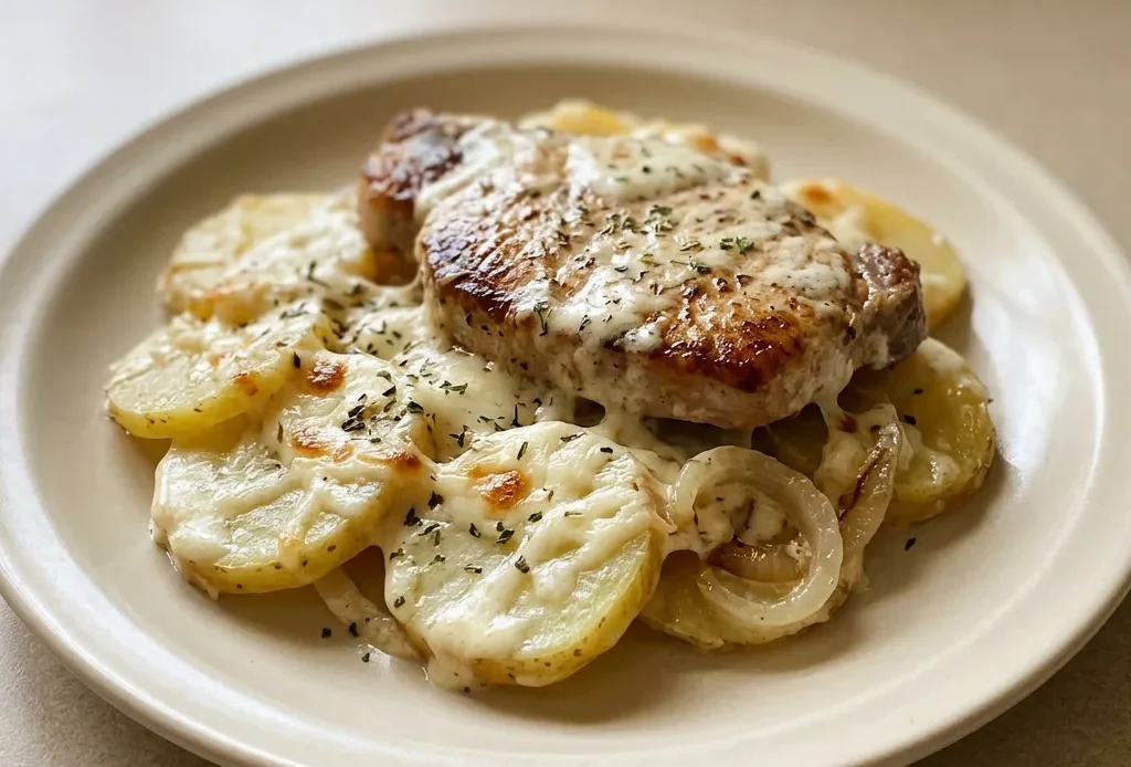 Top-down look at two breaded pork chops atop scalloped potatoes with melted cheese, cream, and onions.