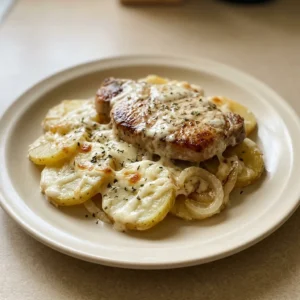 Top-down look at two breaded pork chops atop scalloped potatoes with melted cheese, cream, and onions.