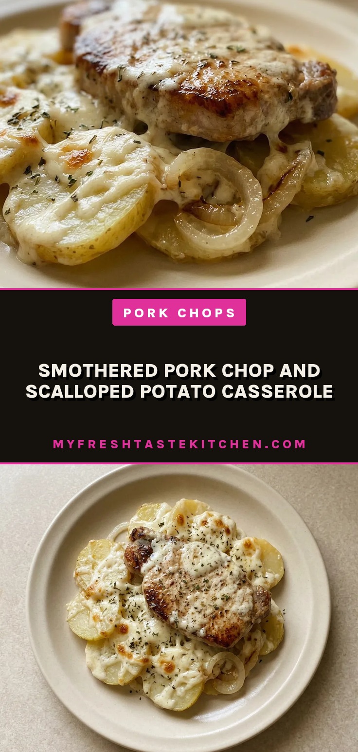 Top-down look at two breaded pork chops atop scalloped potatoes with melted cheese, cream, and onions.