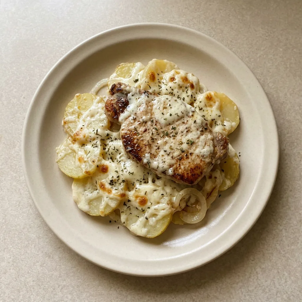 A serving of one pork chop on a bed of scalloped potatoes with cheese, cream, and visible onion and garlic pieces.