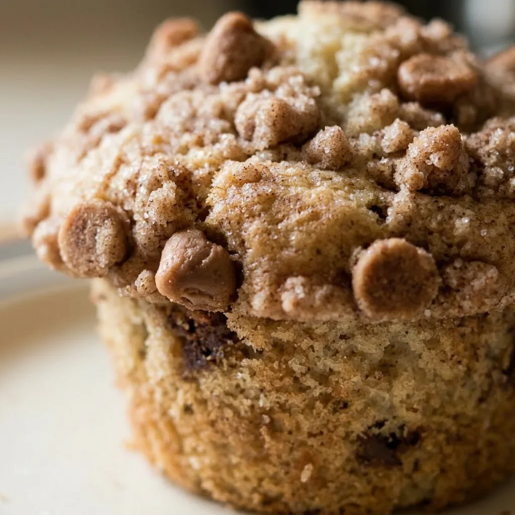 Close view of a snickerdoodle muffin with visible cinnamon chips and a crumbly cinnamon-sugar topping.