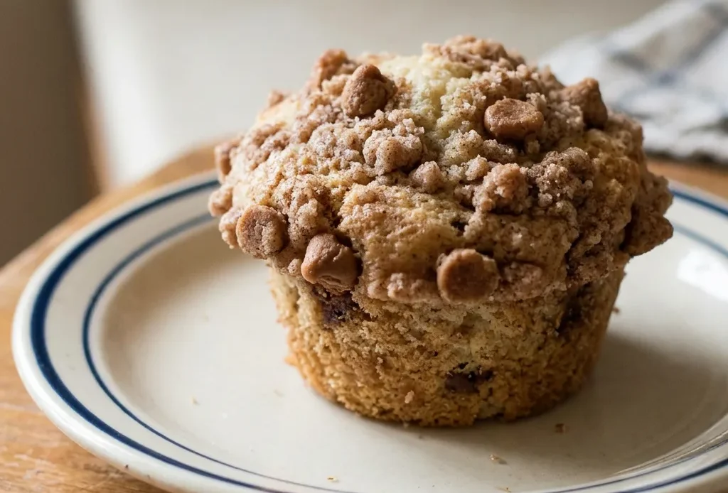 Overhead shot of two snickerdoodle muffins on a plate, each topped with cinnamon chips and a butter-sugar crumb.