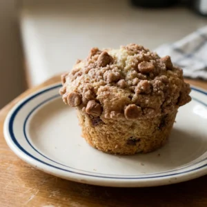 Overhead shot of two snickerdoodle muffins on a plate, each topped with cinnamon chips and a butter-sugar crumb.