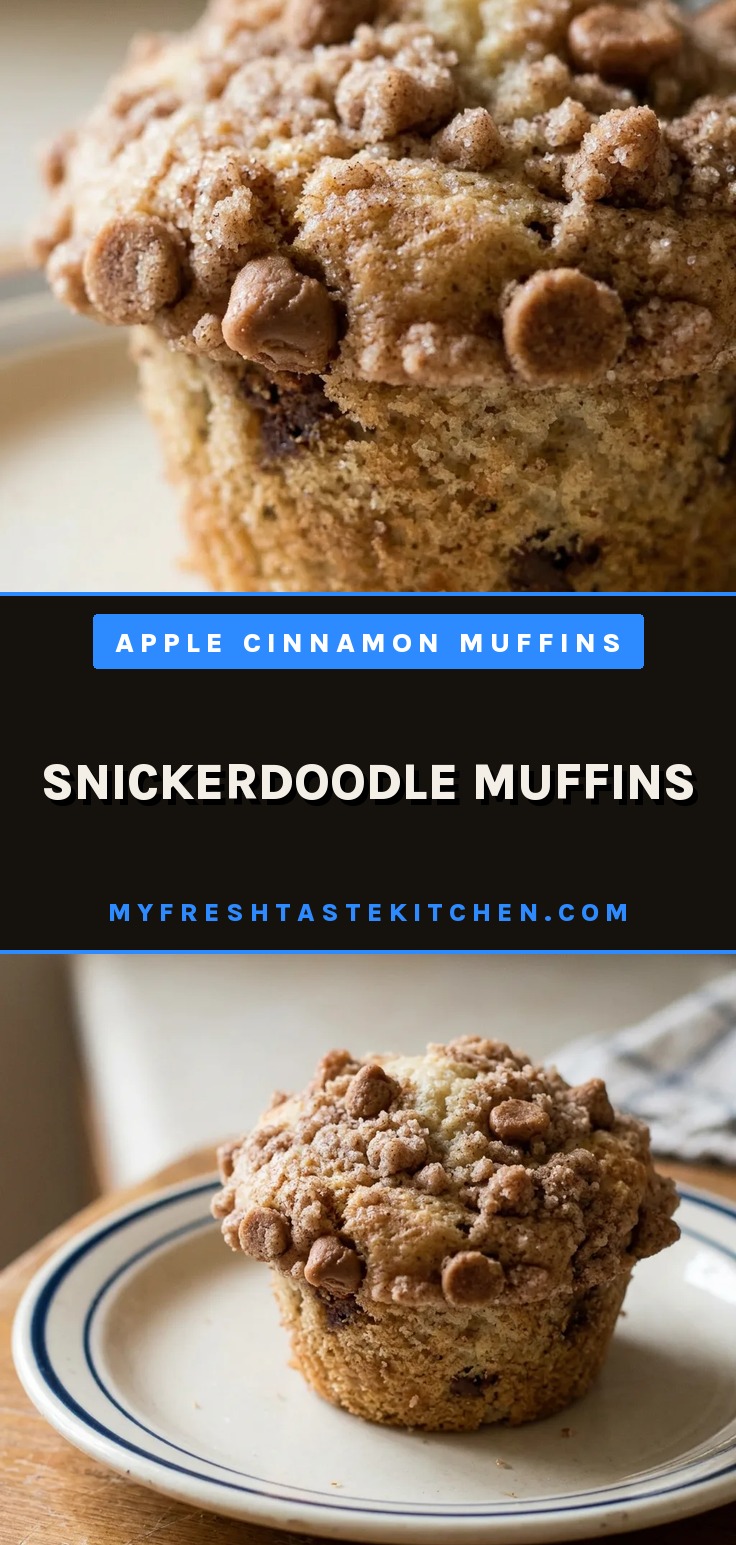 Overhead shot of two snickerdoodle muffins on a plate, each topped with cinnamon chips and a butter-sugar crumb.