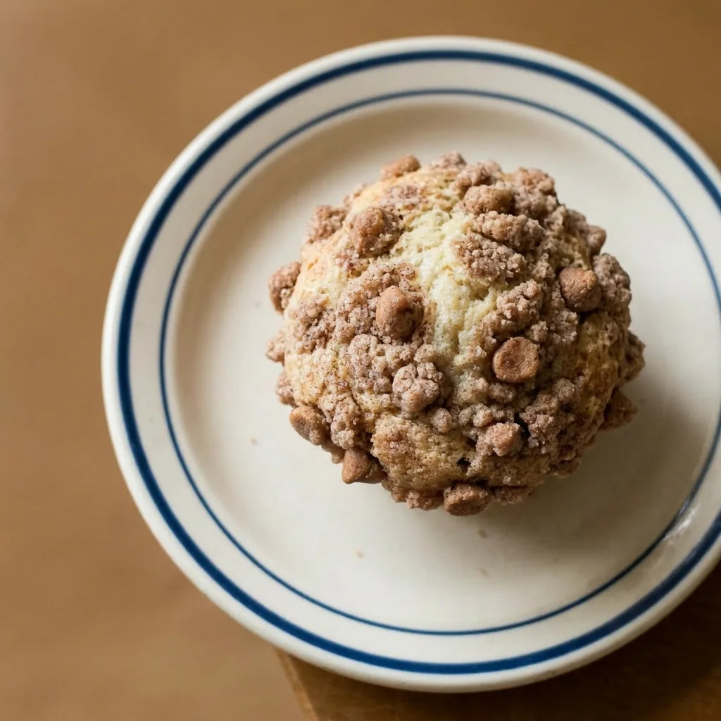 Plated snickerdoodle muffin with cinnamon chips and a buttery cinnamon-sugar crust.