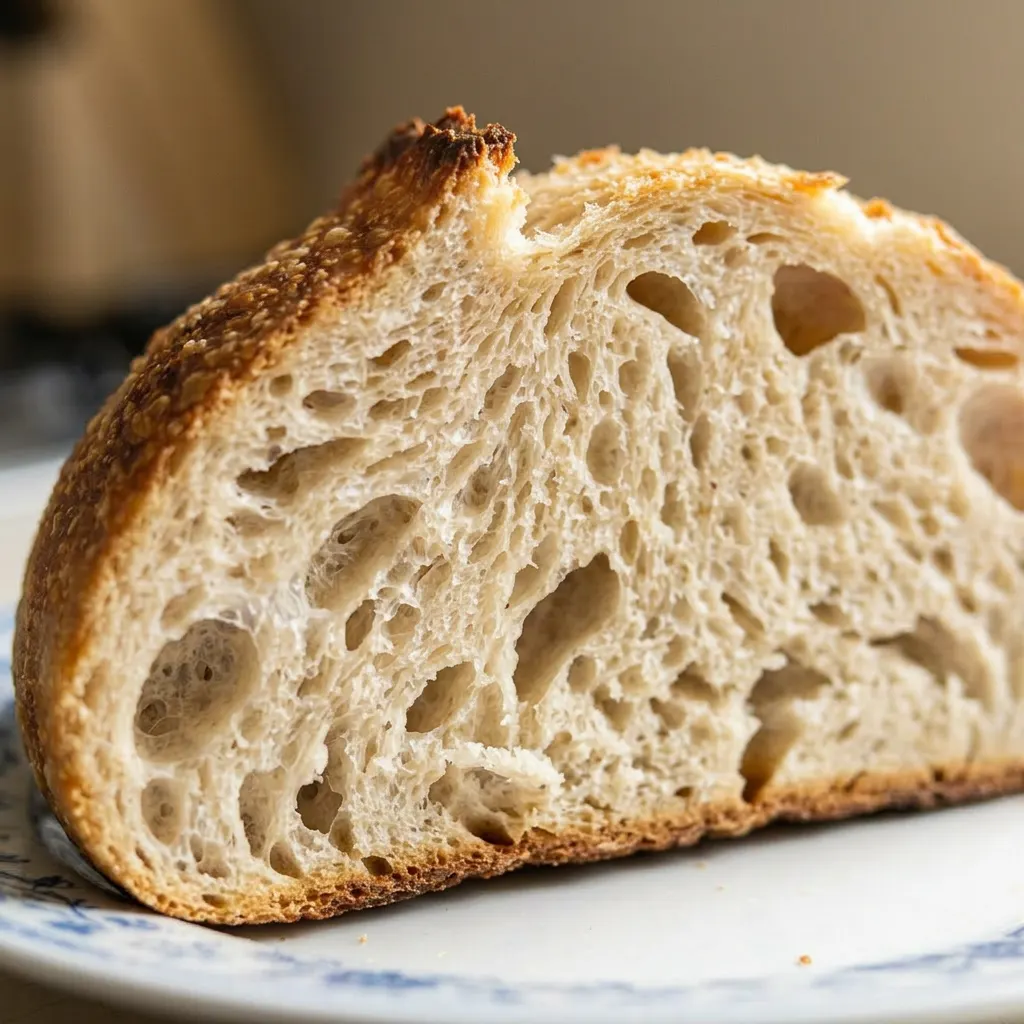 Zoomed in on a slice of sourdough bread revealing an open crumb structure with large irregular air pockets and a crisp, blistered crust.