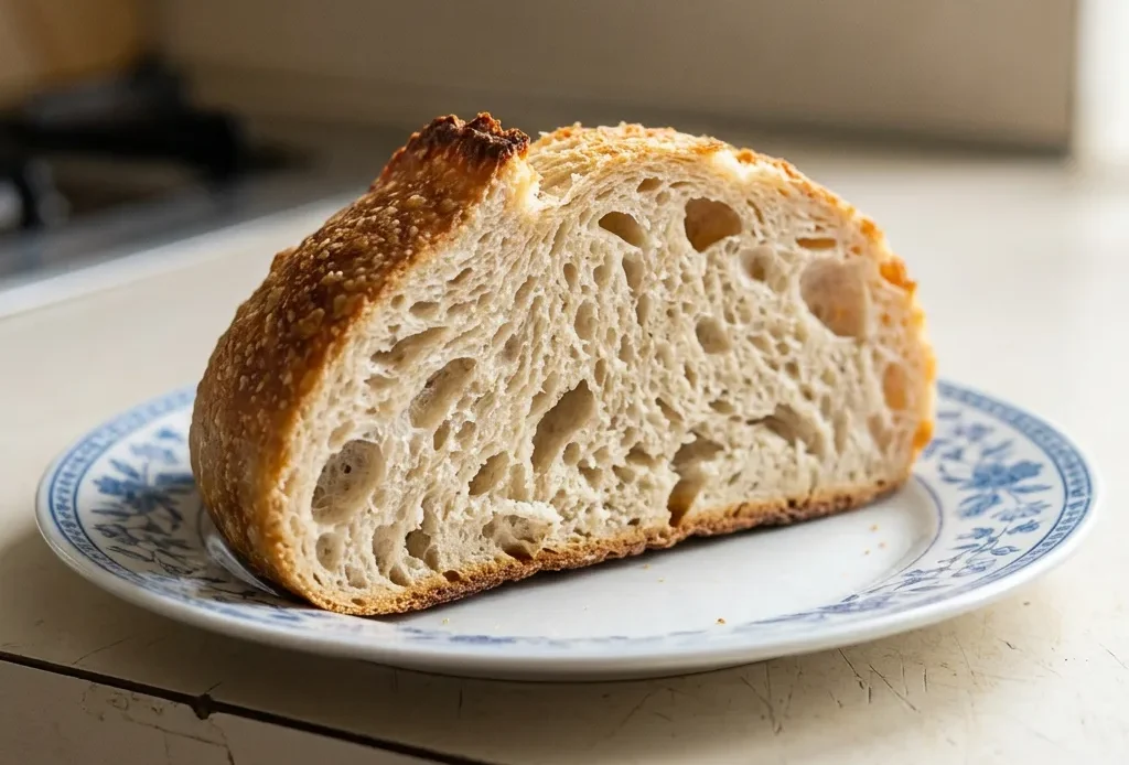 Bird's-eye view of a round sourdough loaf with a dark brown crust, scored with a cross pattern, and a light dusting of sea salt.