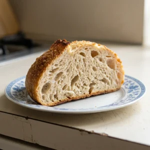 Bird's-eye view of a round sourdough loaf with a dark brown crust, scored with a cross pattern, and a light dusting of sea salt.