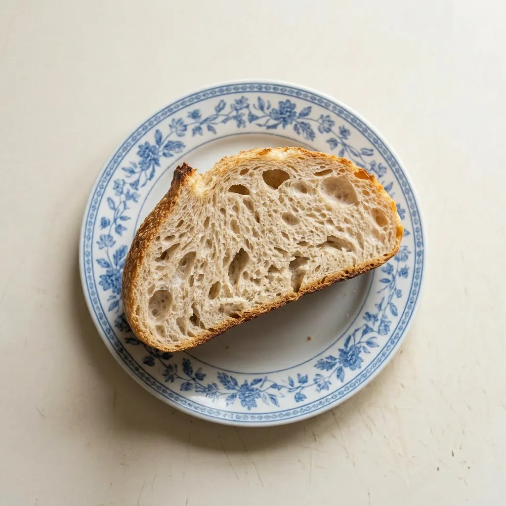 Ready to serve: a whole sourdough boule with a golden-brown crust and visible salt crystals, placed on a cutting board.