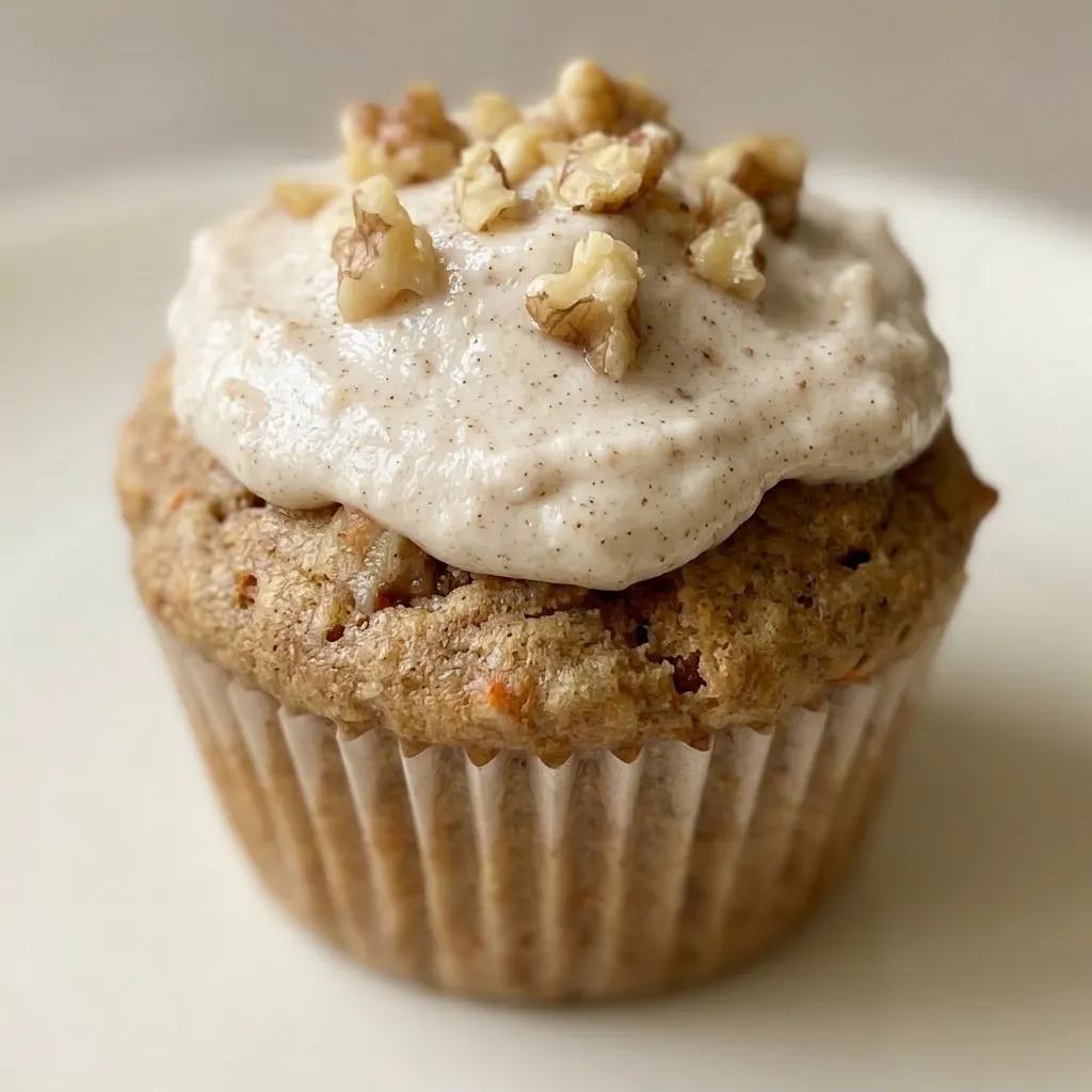 Zoomed in on a muffin with cream cheese frosting, featuring a swirl pattern and scattered walnut bits.