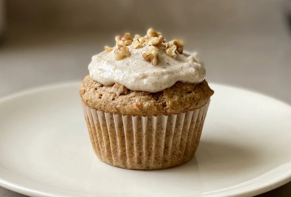 Bird's-eye view of a muffin topped with creamy white frosting, visible walnut pieces, and orange carrot shreds.