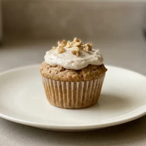 Bird's-eye view of a muffin topped with creamy white frosting, visible walnut pieces, and orange carrot shreds.