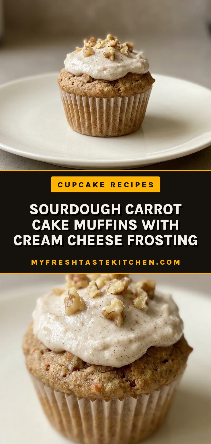 Bird's-eye view of a muffin topped with creamy white frosting, visible walnut pieces, and orange carrot shreds.