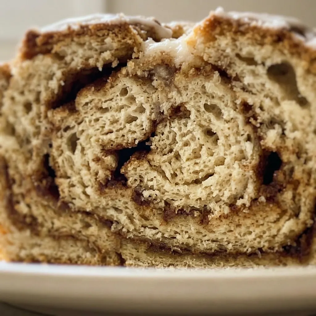 Close view of a slice of cinnamon bread with visible swirls of cinnamon and butter, topped with a light glaze.